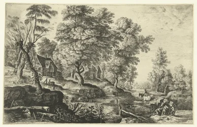 Landschap met mannen die uitgespannen wagen duwen