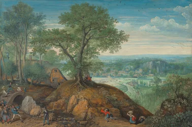 Uitgestrekt landschap met plunderende soldaten