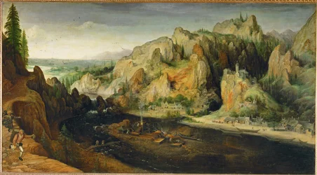 Berglandschap met rovers en hoogoven, rond 1558 (schilderij op doek)