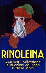 Reclame voor het medicijn Rinoleina tegen verkoudheid, keelpijn en hoest. Illustratie door Lucien Achille Mauzan (1883 - 1952).