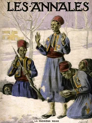 De eerste sneeuw: een groep Senegalese schutters ontdekt de sneeuw (gravure