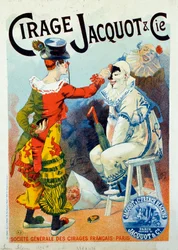 Reclame voor Jacquot poetsmiddel. Twee clowns maken zich op met poetsmiddel. Tekening door Lucien Lefevre (1850-?). 1894 Parijs. Arts Decoratifs - Advertentie voor was Jacquot: Twee clowns maken zich op met schoenpoets, door Lucien Lefevre