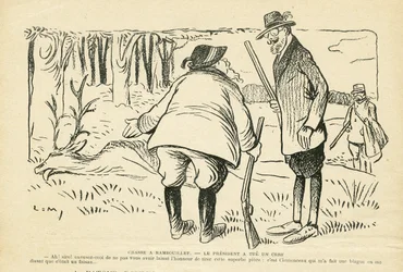 Illustratie in Le Rire, 05/12/08 - Jacht in Rambouillet - Natuur Vegetatie, Jacht jager, President van de Republiek, Rambouillet - Clemenceau Georges, Fallieres Armand (1841-1931), Hert