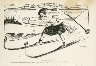Illustratie in Le Rire, 24/02/12 - La pax-tineuse - Duitsland Pruisen, Sport, Vrede, Skiën, Sneeuw, Frans-Duitse betrekkingen, Eerste Wereldoorlog - Marianne - Sport, Allegorie (gravure)
