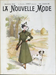 Vrouw in jachtkleding met een geweer - in "La Nouvelle Mode" van sept. 1898