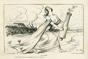 Illustratie in Le Rire, 03/05/13 - Vertrouwde Lucht - Balkan, Geweren, Granaten, Vrede, Eerste Wereldoorlog (gravure)