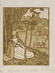 Meisjes zittend onder boom met herten, houtsnede van Lucien Pissarro, ca. 1880-1940