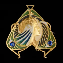 Broche-hanger, ca. 1900 (goud en plique-à-jour email met saffieren)