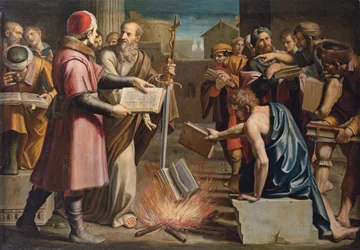 Sint Paulus en de verbranding van heidense boeken in Efeze (olieverf op doek)