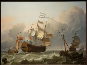 Een Nederlands vlaggenschip met een jacht achter haar