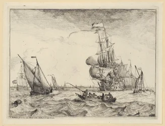 Een bark en verschillende zeilschepen op een stormachtige zee voor Amsterdam, blad 4 uit de reeks „Zeegezichten met gezichten op het IJ, Amsterdam, Rotterdam en Katwijk“ (Hollstein nr. 1-10)