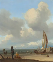 Dutch: Zeegezicht met figuren bij een vissersboot op het strand An extensive seascape with figures by a boat on a shore near Huisduinen