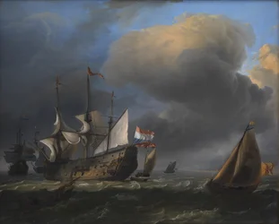Zeegezicht met Nederlandse Oorlogsschepen en Vissersboten