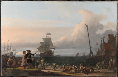 Nederlandse schepen in de wateren van Texel; in het midden de 