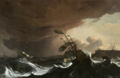 Schepen in een Stormachtige Zee voor een Kust, circa 1700-1705
