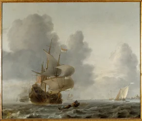 Oorlogsschepen en kleinere schepen in de wind (olieverf op doek)