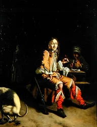 Een jager drinkend in een taverne interieur