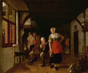 Een meid met een kruik en drie mannen bij het vuur