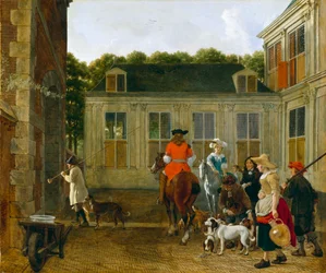 Jachtpartij op de binnenplaats van een landhuis