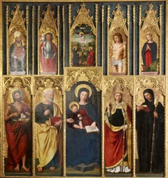 Altaarstuk, 10 schilderijen: Maagd en kind tussen Sint-Jan de Doper en Sint-Pieter, Een bisschop en abt, Christus aan het kruis tussen Sint-Jan en de Maagd, Sint-Maarten en Sint-Victor, Sint-Sebastiaan en Sint-Margareta.