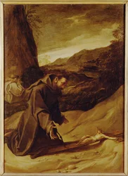 Franciscus aanbidt het kruisbeeld (schilderij op doek)