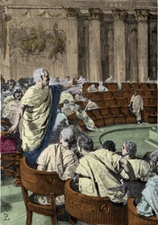 Ciceron hekelt de samenzweerder Catilina (Lucius Sergius Catilina) (108-62 BC) op 7 november 63 BC, tijdens de toespraak van de eerste catilinar. De scène vindt plaats in Rome in de Senaat, illustratie door Pogliaghi