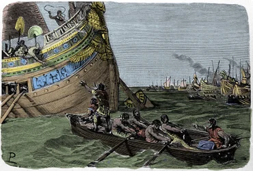 Marc Antoine (83-30 v.Chr.) voegt zich bij Cleopatra (51-30 v.Chr.) na de nederlaag in de Slag bij Actium op 2/09/31 v.Chr., illustratie door Ludovico Pogliaghi uit "Storia d