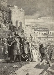 Huwelijk van Ugo en Marozia, huwelijksstoet in aanwezigheid van de paus, gravure door E Mancastroppa naar een schilderij van Lodovico Pogliaghi, uit L
