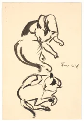 Twee studies van een kat die zich wast