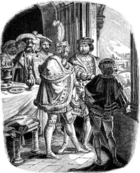 Frederik I maaltijd in kasteel Heidelberg 1462 Illustratie uit de Geschichte des deutschen Volkes door E. Duller, 1840