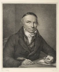 Johann Joachim Bellermann, borstbeeld aan tafel, met een zegelring in de hand