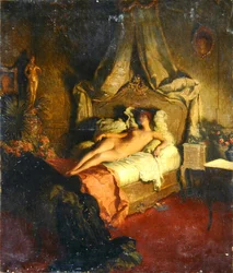 Naakt op een rood bed