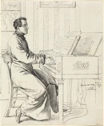 De zwager van de kunstenaar, Ludwig Hassenpflug, bereidt zich voor om piano te spelen