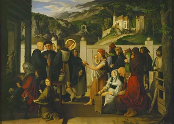 Sint Rochus deelt aalmoezen uit Olieverf (schilderij op doek)