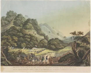 Ontmoeting tussen gouverneur-generaal Janssens en de Xhosa-leider Gaika, 1803. Bijeenkomst van den Hoog Ed. Gestr. Heer Generaal J.W. Janssens, Gouverneur van de Kaap de Goede Hoop, met het Opperste Hoofd der Xhosa. Gaïka, in het Xhosa-land, aan de Katri