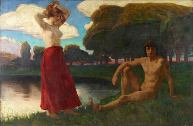 Idylle (mannelijke en vrouwelijke halfnaakt in het landschap)