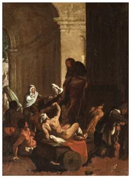 Noord Transept, Altaar van San Rocco 1635, 45, Genovesino 1645, Distributie van goederen aan de armen, Geschilderd linksonder