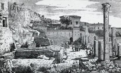 Ruïnes van de Tempel van Vespasianus in Brescia, gravure door Louis Basiletti, Italië