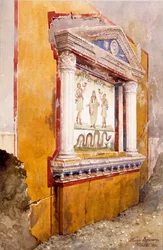 Lararium van familiealtaar, gezien in situ na opgraving, Huis van Aulus Vettius, Pompeii, c.36-39 AD, 1895