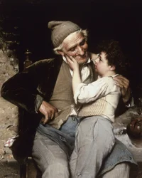 Il Nipotino Preterito (De perfecte kleinzoon). Een kind raakt het gezicht van zijn grootvader aan, die glimlacht en hem teder aankijkt. Schilderij van Luigi Bechi (1830-1919). Olieverf op doek. Privécollectie.