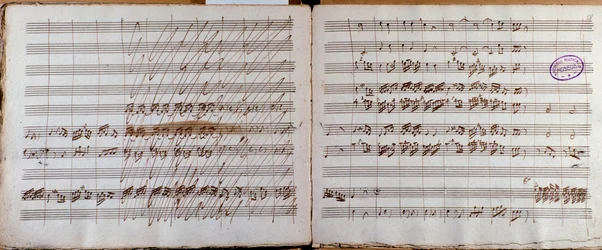 Dubbele pagina, ondertekend door de auteur van de partituur voor het Concerto voor cello en orkest in Es groot door Luigi Boccherini