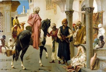 Aankoop van een slavin van de harem. chromolithografie van L. Crosio, circa 1890.