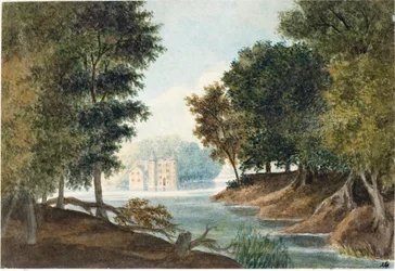 Landschap met rivier en villa