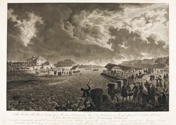 Zicht op de Pila-brug in Genua, na de overstroming van de Bisagno-stroom op 26/10/1822 (ets, ca. 1822)