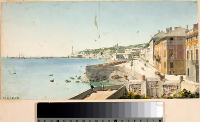 Uitzicht op de haven van Genua met de Lanterna, vuurtoren van de stad, bastions en de kerk San Teodoro