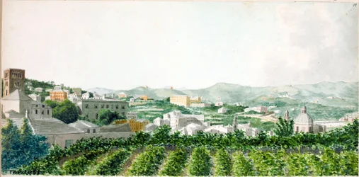Uitzicht over de stad Genua met de klokkentoren van Santo Stefano
