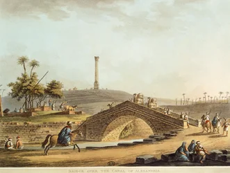 Egypte, Brug over het Alexandrië-kanaal, door Luigi Mayer, gravure