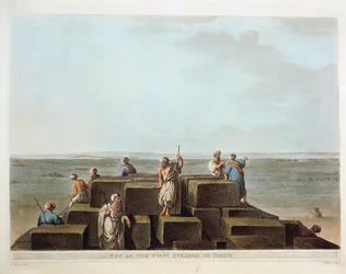 Egypte, Top van eerste piramide van Gizeh, gravure uit "Views" van Luigi Mayer