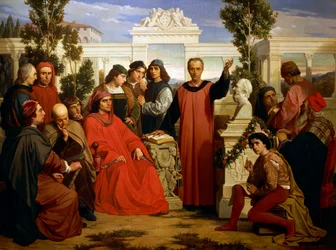 Verjaardag en parentalia van Plato (428 v.Chr.-348 of 427 of 347 v.Chr.), gevierd in Villa di Careggi door Lorenzo de Prachtige