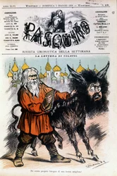 Karikatuur over Tolstoj door Luigi Sapelli Caramba betreffende de brief die Tolstoj naar de Heilige Stoel stuurde. Omslag van Pasquino van 05/05/1901.